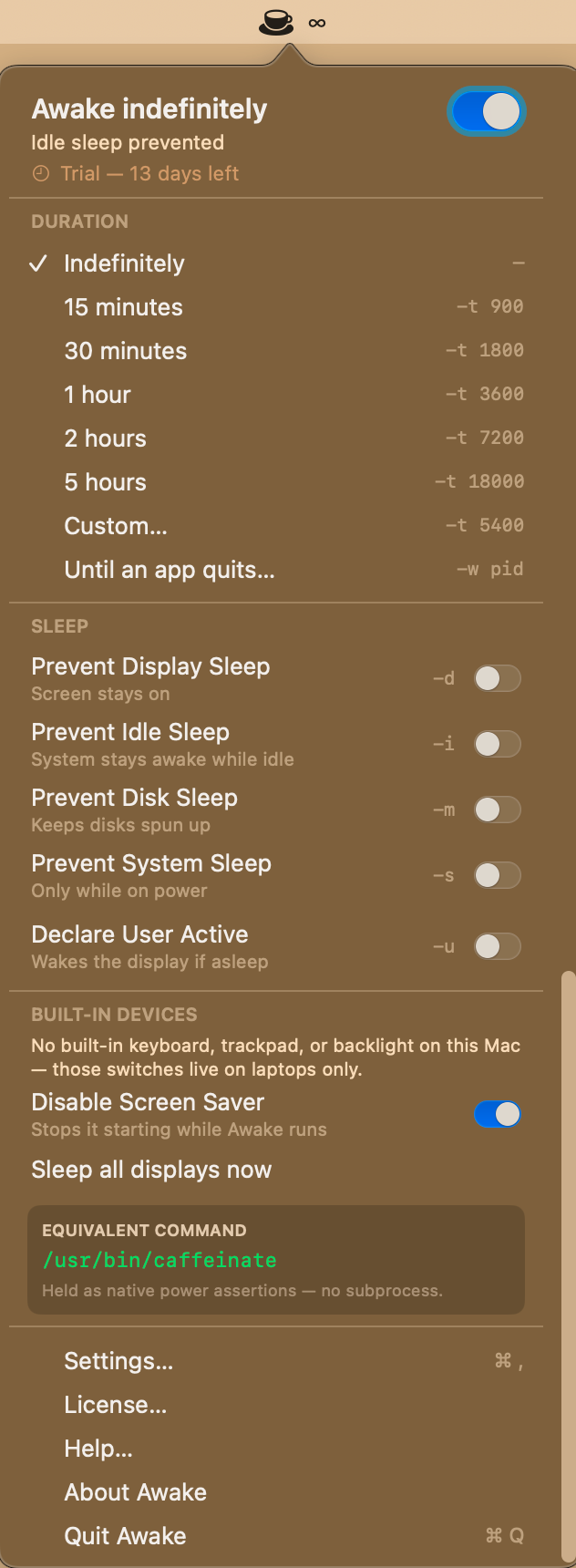 The Awake menu bar panel: the main toggle with the trial state, timed durations shown with their caffeinate flags, and each kind of sleep as its own switch