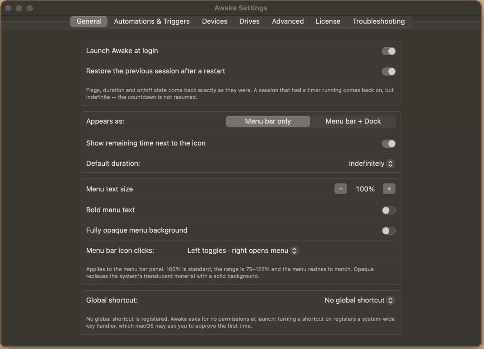 Awake Settings, General: launch at login, restore the previous session, menu bar only or menu bar plus Dock, menu text size, and the optional global shortcut