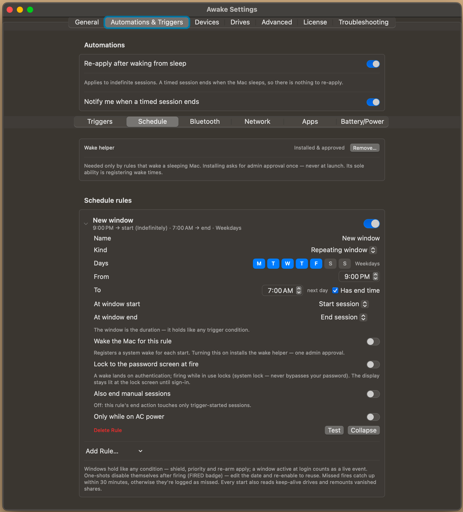 Awake Settings, Schedule rules: a repeating weekday window from 9 PM to 7 AM with wake, lock and AC-power options