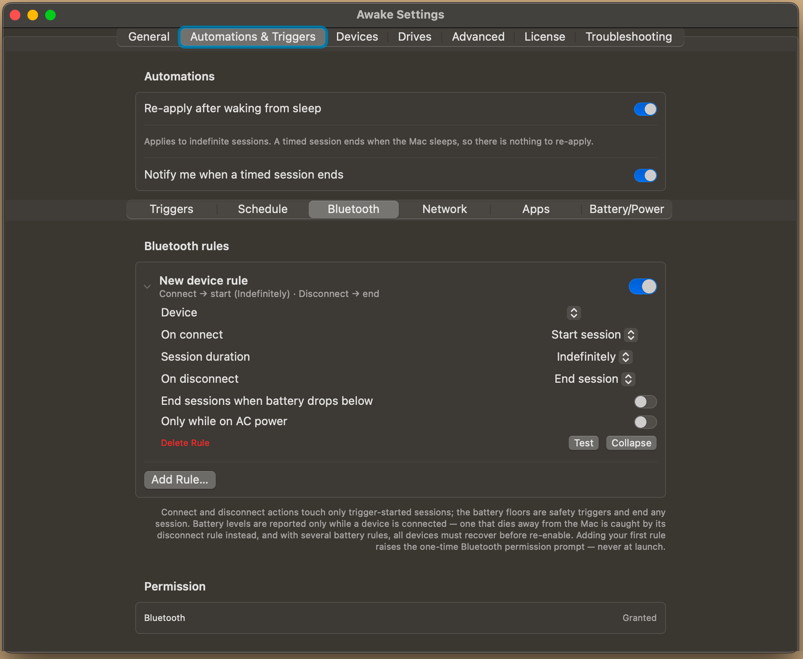 Awake Settings, Bluetooth device rules: start on connect, end on disconnect, with battery floor and AC-power conditions