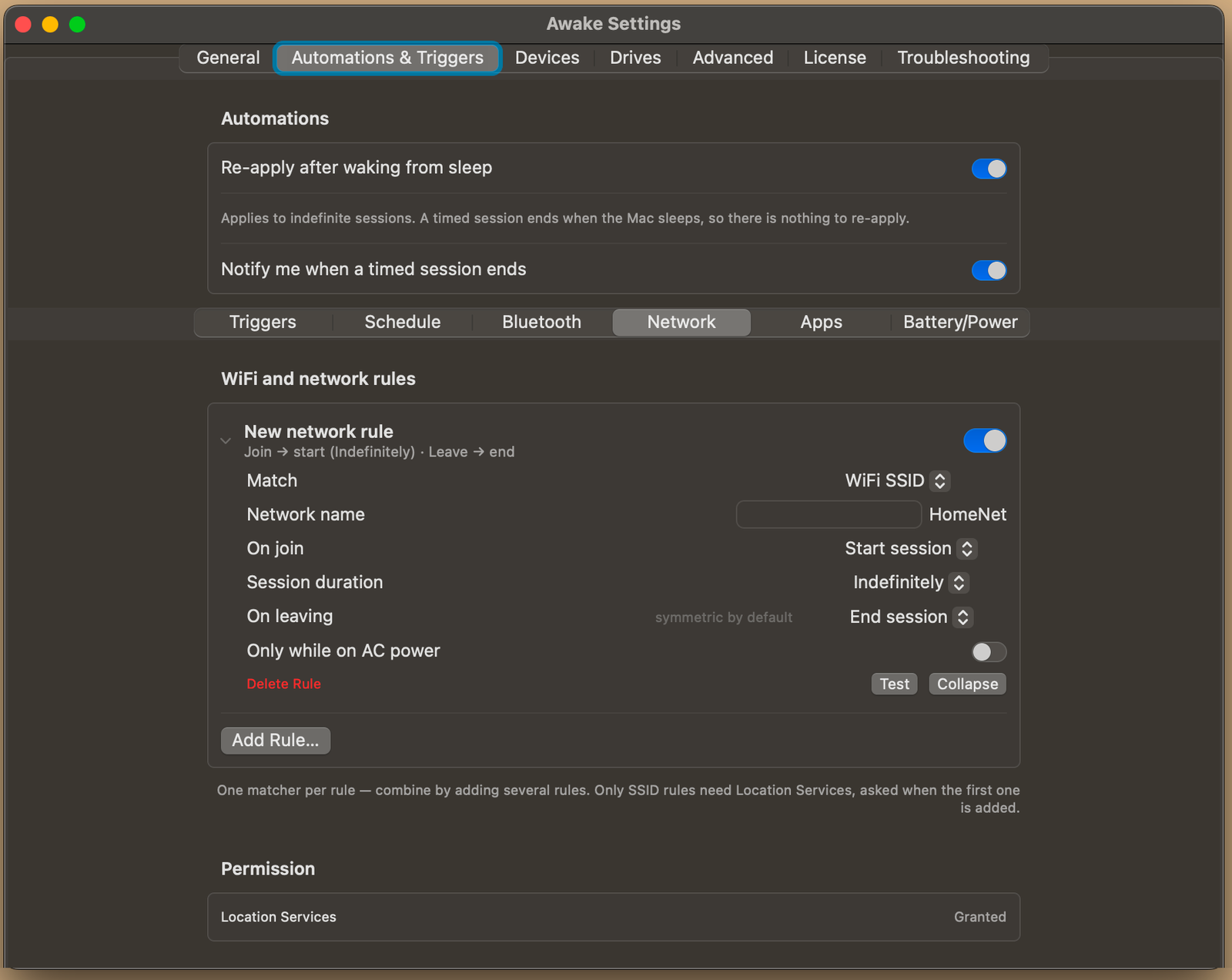 Awake Settings, WiFi and network rules: match an SSID, start on join, end on leaving, with the Location Services permission row