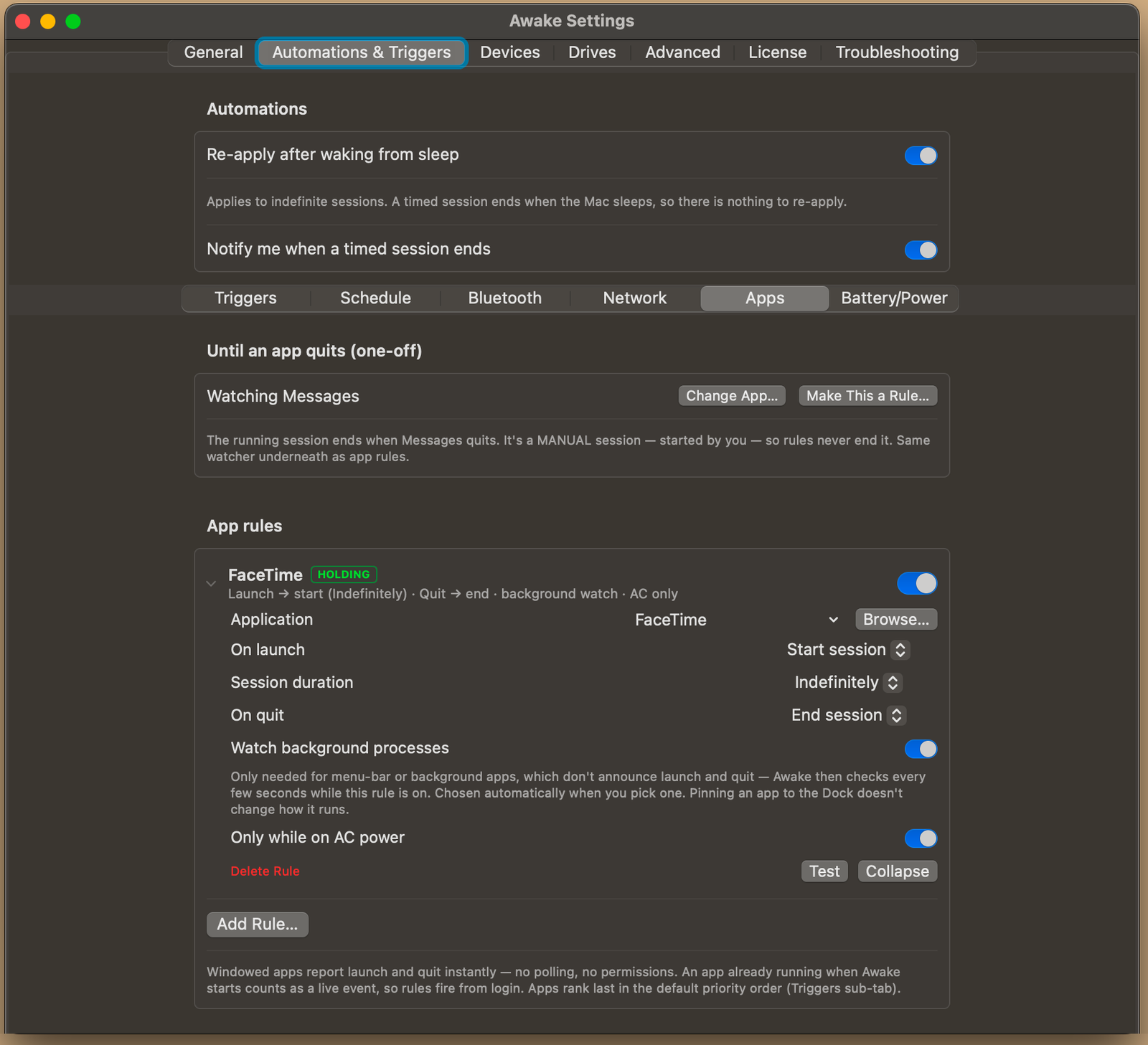 Awake Settings, App rules: a FaceTime rule badged HOLDING, with background-process watching and an AC-power condition