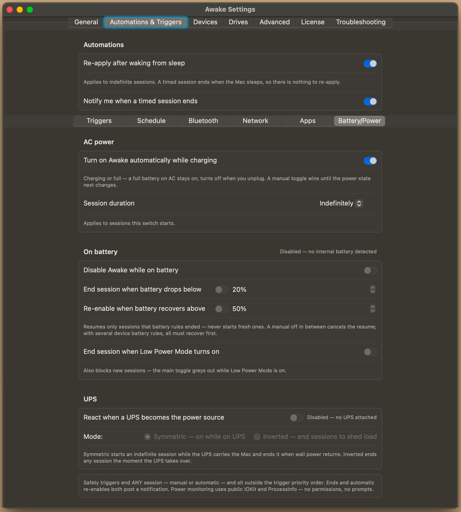 Awake Settings, Battery and Power: turn on while charging, battery floors with recovery, Low Power Mode handling, and UPS behavior