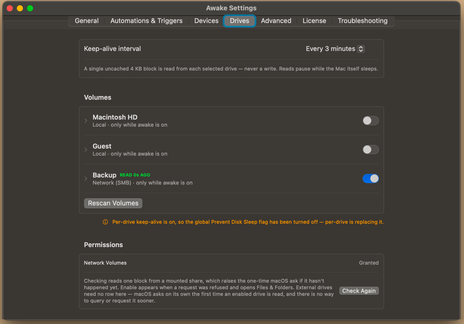 Awake Settings, Drives: the keep-alive interval and the list of volumes, with a network share enabled and read moments ago