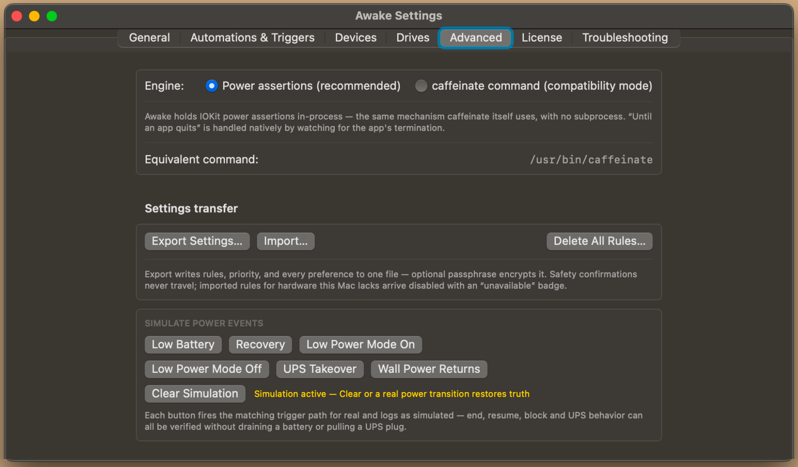Awake Settings, Advanced: the engine choice, settings export and import, and buttons that simulate power events