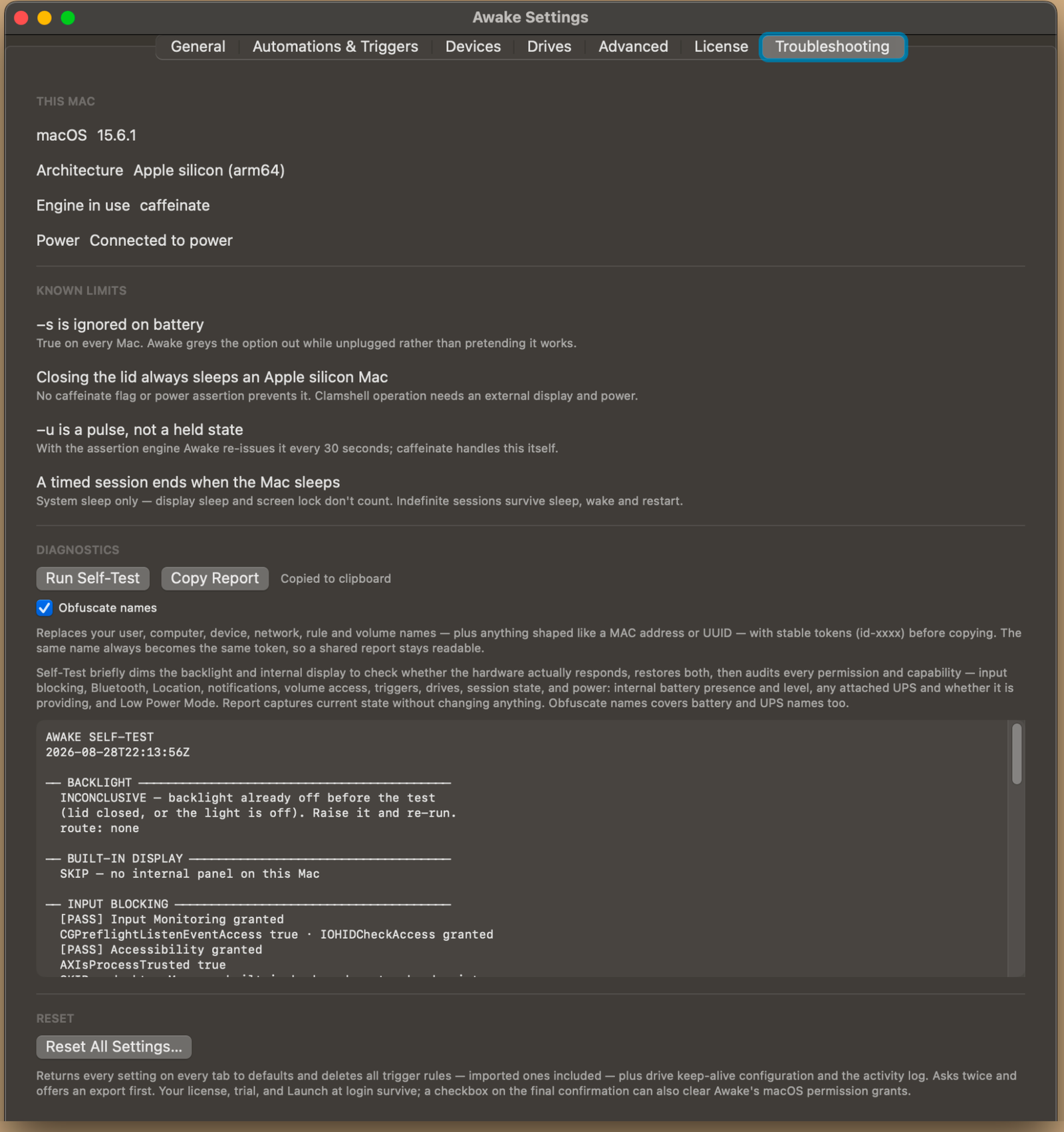 Awake Settings, Troubleshooting: this Mac's details, the known limits, the self-test output, and the reset control