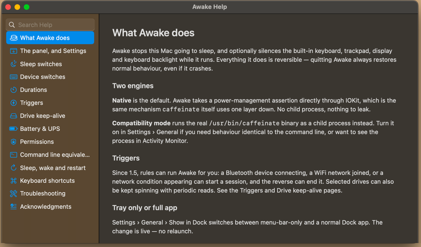 The Awake Help window: a searchable contents list beside the What Awake does page