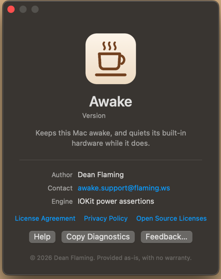 The Awake about window: version, author, contact address, engine in use, and links to the legal documents
